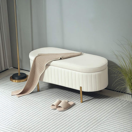 Oval Storage Bench with Gold Legs, Velvet Upholstery, Cream
