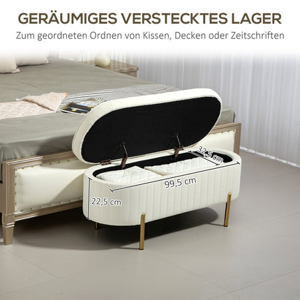 Oval Storage Bench with Gold Legs, Velvet Upholstery, Cream