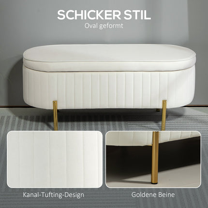 Oval Storage Bench with Gold Legs, Velvet Upholstery, Cream