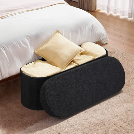 Oval Storage Ottoman Bench, Foldable Teddy Fleece, 660 lb