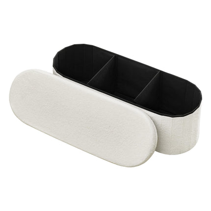 Oval Storage Ottoman Bench – Foldable Teddy Fleece, Beige, 660 lb