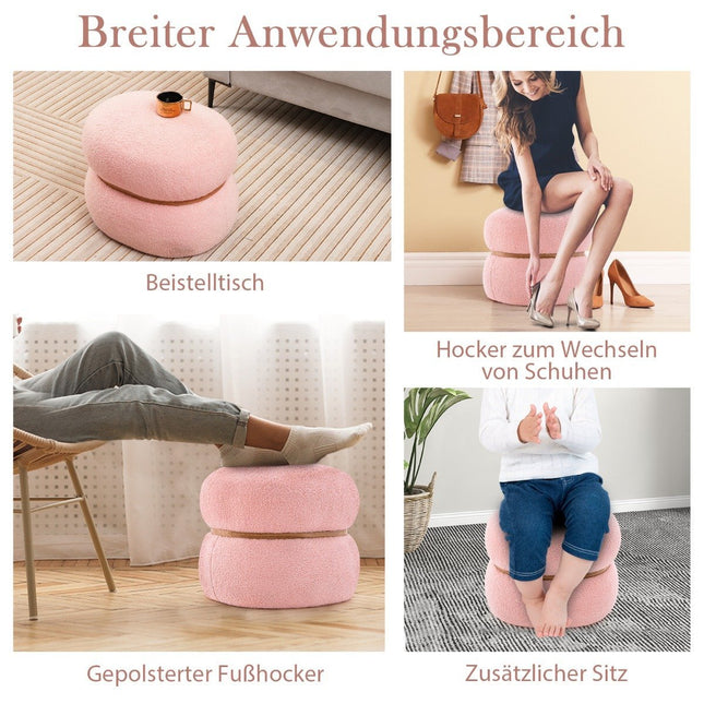 Ovale kruk met antislip voetjes. Gevoerde kapkruk van Sherpa roze, 44 x 35 x 35 cm.