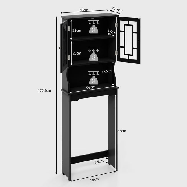 Over-Toilet Bathroom Cabinet, Black, 3 Shelves, Adjustable