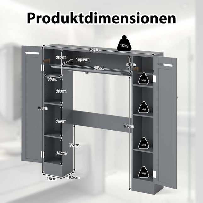 Over-Toilet Bathroom Cabinet with Adjustable Shelves, Gray
