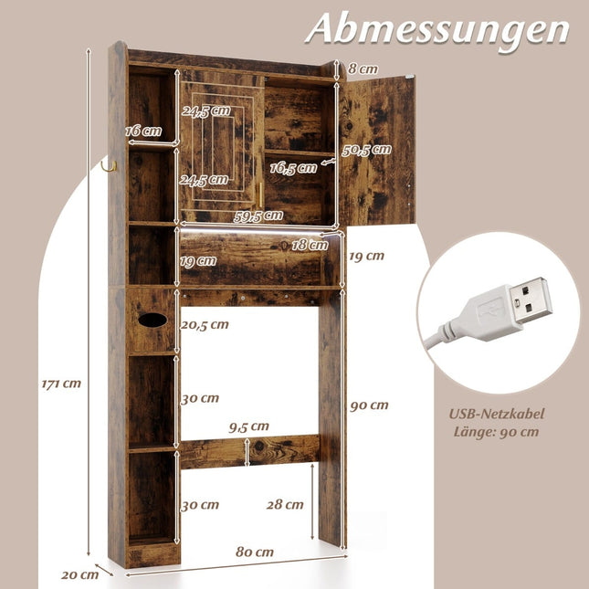 Over-Toilet Storage Cabinet, LED Light, Adjustable Shelves