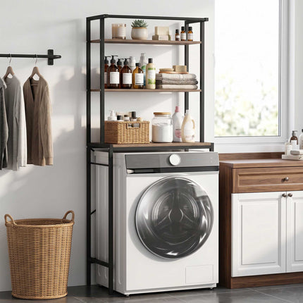 Over-Washer Storage Shelf with Drying Rod, 3-Tier, Brown