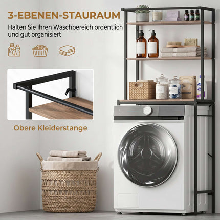 Over-Washer Storage Shelf with Drying Rod, 3-Tier, Brown