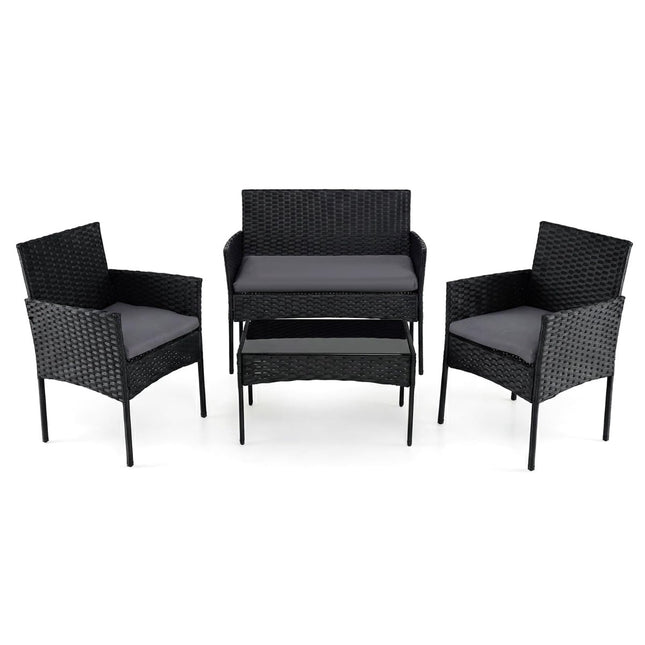 PE Rattan Patio Furniture Set, 4-Piece, Cushions, Glass Table