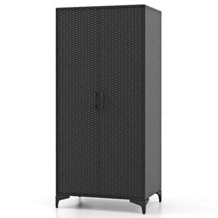 PE Rattan Wardrobe with 2 Doors &amp; Clothes rail &amp; 4 compartment wardrobe black