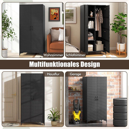 PE Rattan Wardrobe with 2 Doors &amp; Clothes rail &amp; 4 compartment wardrobe black