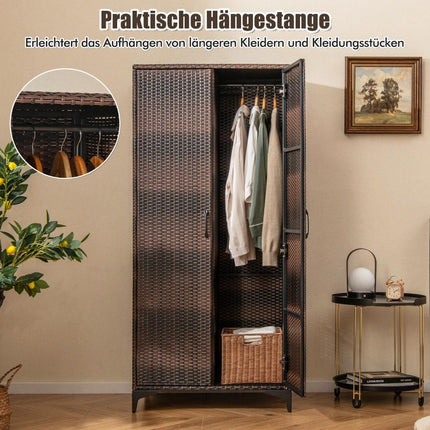 PE Rattan Wardrobe with 2 Doors &amp; Clothes rail &amp; 4 compartment wardrobe brown