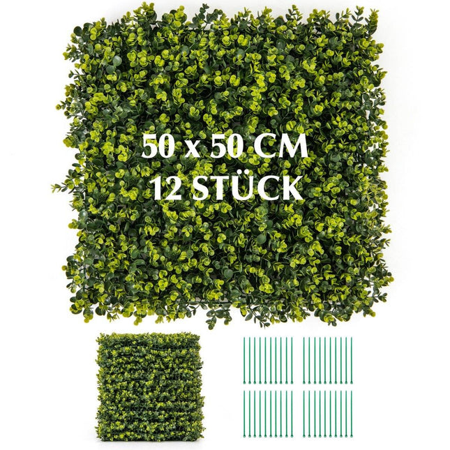 Pack of 12 50 x 50 cm artificial hedge boxwood panels with 7 cm thickness and corrugated surface