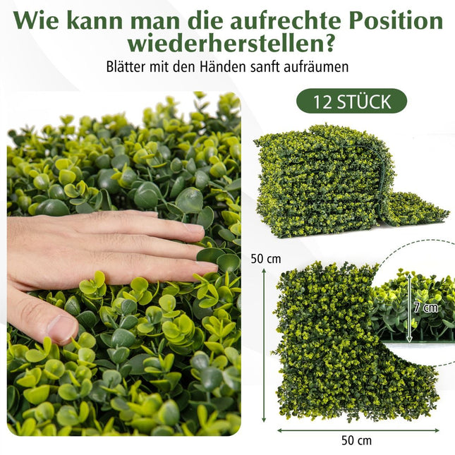 Pack of 12 50 x 50 cm artificial hedge boxwood panels with 7 cm thickness and corrugated surface