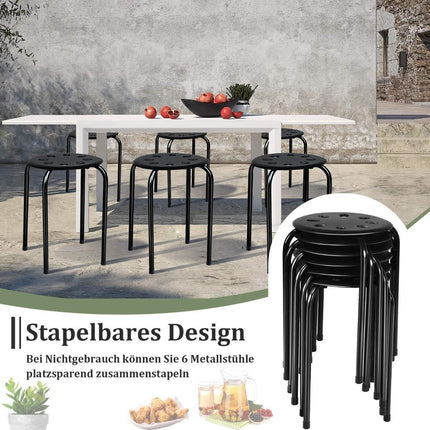 Pack of 6 Stackable Metal Stools with X-Shaped Metal Frame Round Seat Black