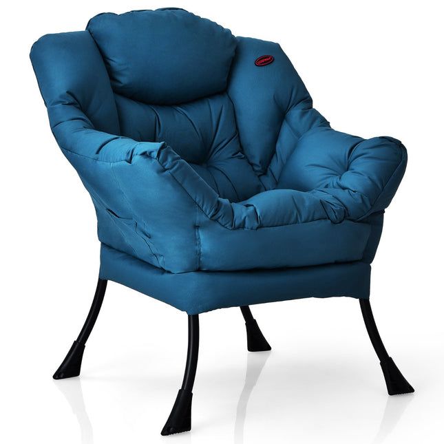 Gevoerde fauteuil met zijvak, blauwe polyesterstof