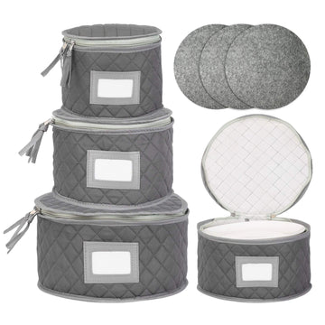 Padded Plate Storage Boxes in 4 Sizes with Felt Dividers, Grey