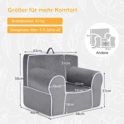Padded children's sofa with foam filling & armrest & handle 68 x 46 x 50 cm gray