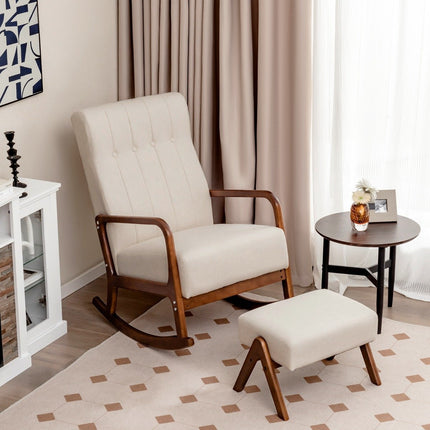 Padded rocking chair with stool & cushions Rocking chair with wooden frame beige