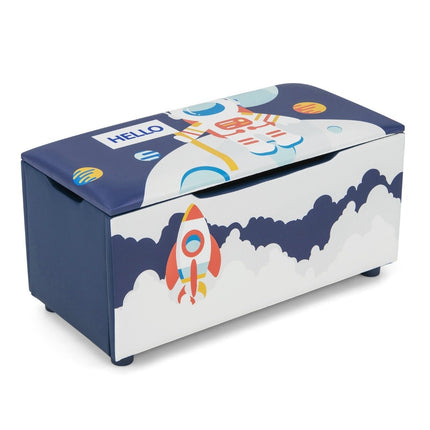 Padded toy box with removable lid & rocket & planet pattern navy blue