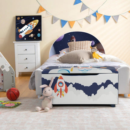 Padded toy box with removable lid & rocket & planet pattern navy blue