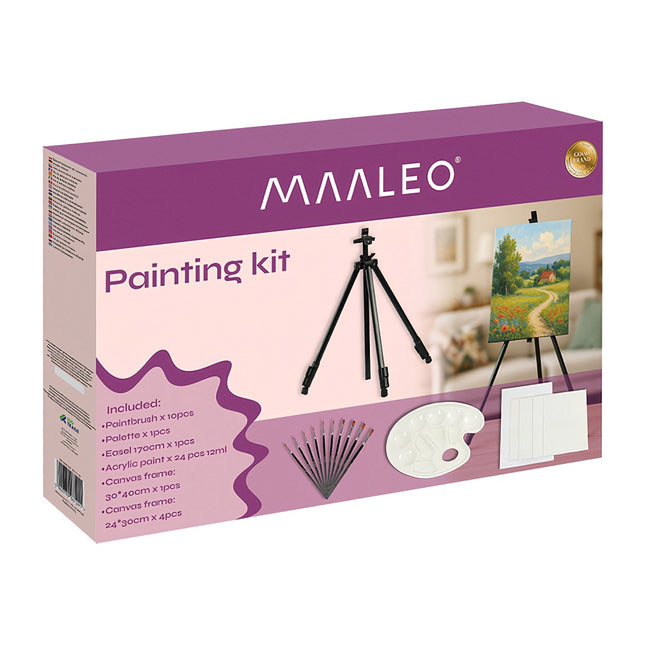 Painting Set with Easel, 24 Acrylic Paints, 3 Canvases