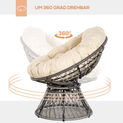 Wicker Papasan chair with cushion, 360° metal frame, cream