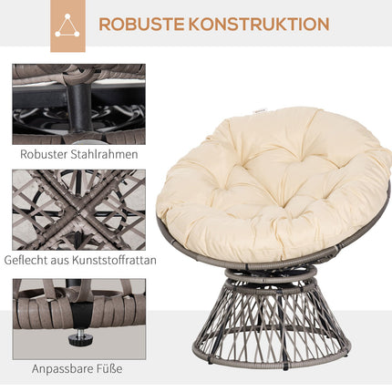 Wicker Papasan chair with cushion, 360° metal frame, cream