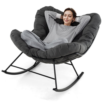 Papasan Rocking Chair With Padded Cushion, Metal Frame, Grey