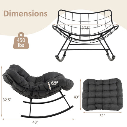 Papasan Rocking Chair With Padded Cushion, Metal Frame, Grey
