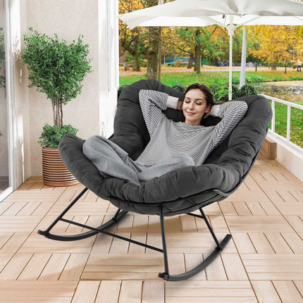 Papasan Rocking Chair With Padded Cushion, Metal Frame, Grey