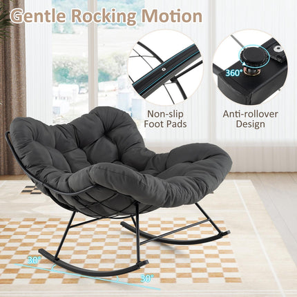 Papasan Rocking Chair With Padded Cushion, Metal Frame, Grey