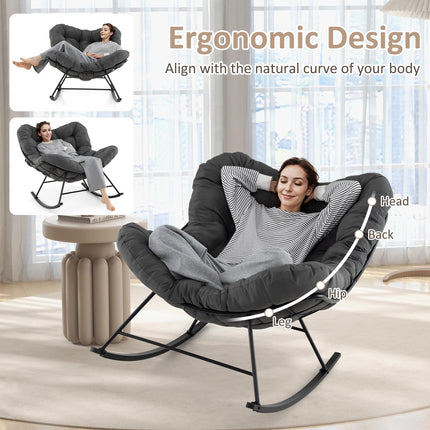 Papasan Rocking Chair With Padded Cushion, Metal Frame, Grey