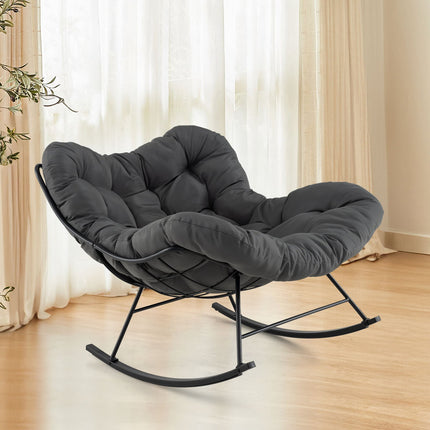 Papasan Rocking Chair With Padded Cushion, Metal Frame, Grey