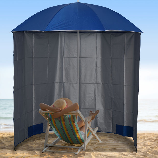 Beach umbrella with side wall, blue polyester, 2.2m