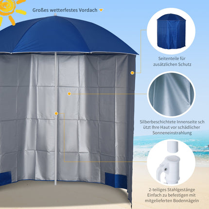 Beach umbrella with side wall, blue polyester, 2.2m