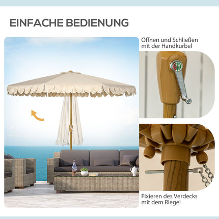 Beach umbrella 265 Cm, fringe design, adjustable tilt, khaki