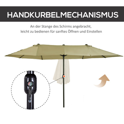 Large oval market umbrella, hand crank, light coffee