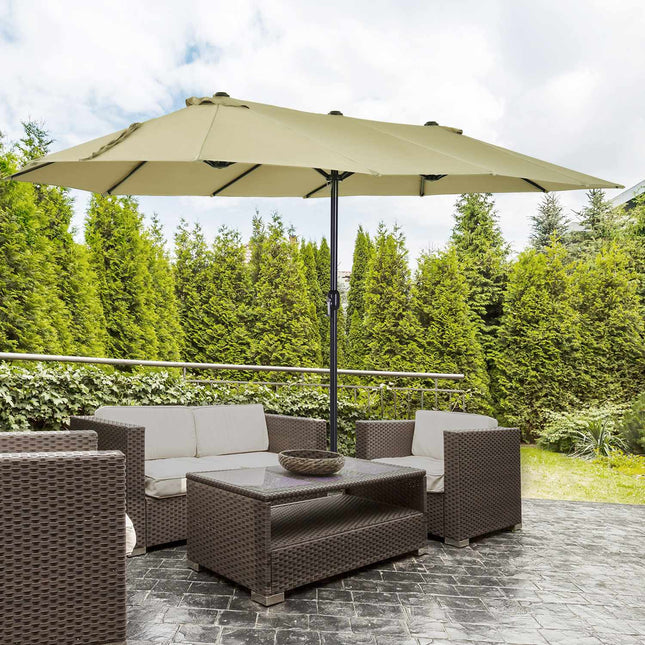 Large oval market umbrella, hand crank, light coffee