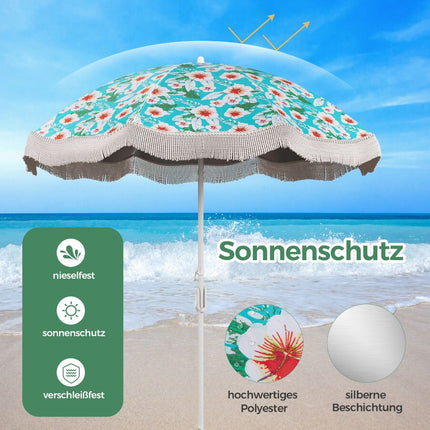 Parasol beach umbrella with fringes UPF 50+ 30° bendable patio umbrella with ground spike