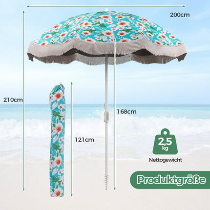 Parasol beach umbrella with fringes UPF 50+ 30° bendable patio umbrella with ground spike