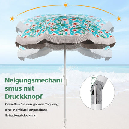 Parasol beach umbrella with fringes UPF 50+ 30° bendable patio umbrella with ground spike
