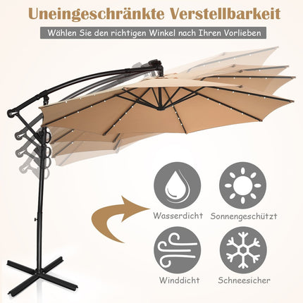 Parasol with LED solar lighting, rotatable cantilever umbrella for garden, Ø 300 cm, beige