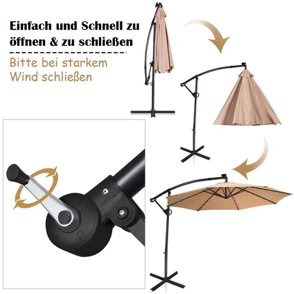 Parasol with LED solar lighting, rotatable cantilever umbrella for garden, Ø 300 cm, beige