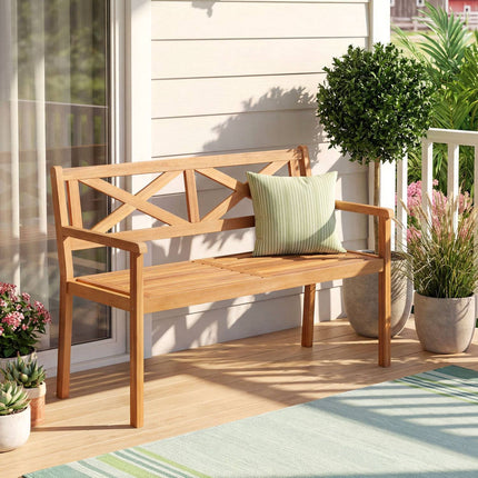 Patio Bench, Acacia Wood, 2-Person, Armrests, Backrest