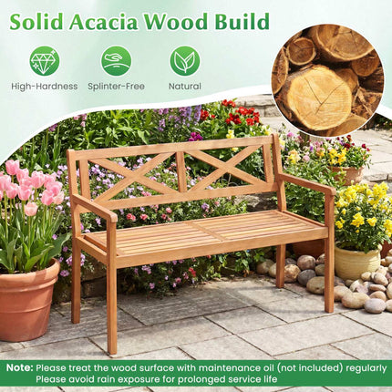 Patio Bench, Acacia Wood, 2-Person, Armrests, Backrest