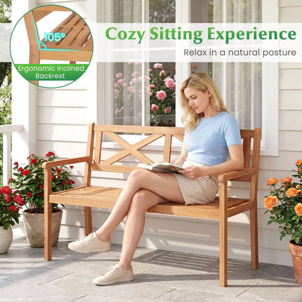 Patio Bench, Acacia Wood, 2-Person, Armrests, Backrest