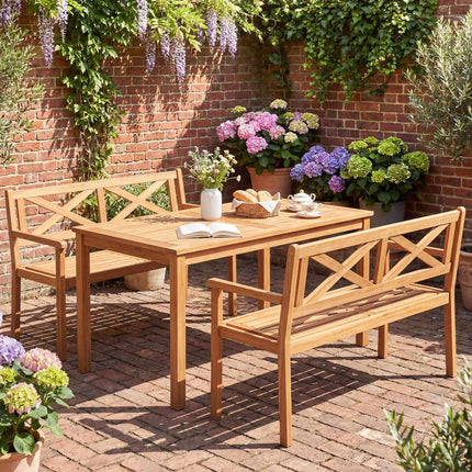 Patio Bench, Acacia Wood, 2-Person, Armrests, Backrest