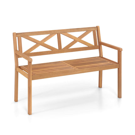 Patio Bench, Acacia Wood, 2-Person, Armrests, Backrest
