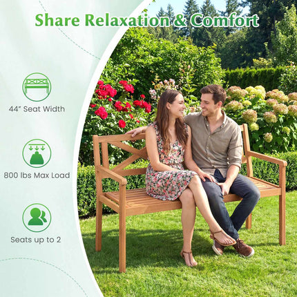 Patio Bench, Acacia Wood, 2-Person, Armrests, Backrest