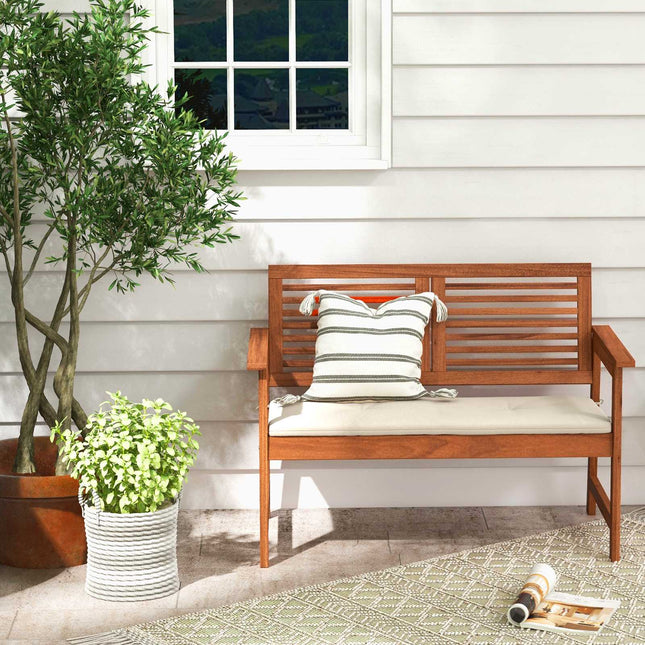 Patio Bench, Solid Wood, 2-Person, Backrest, Cushion